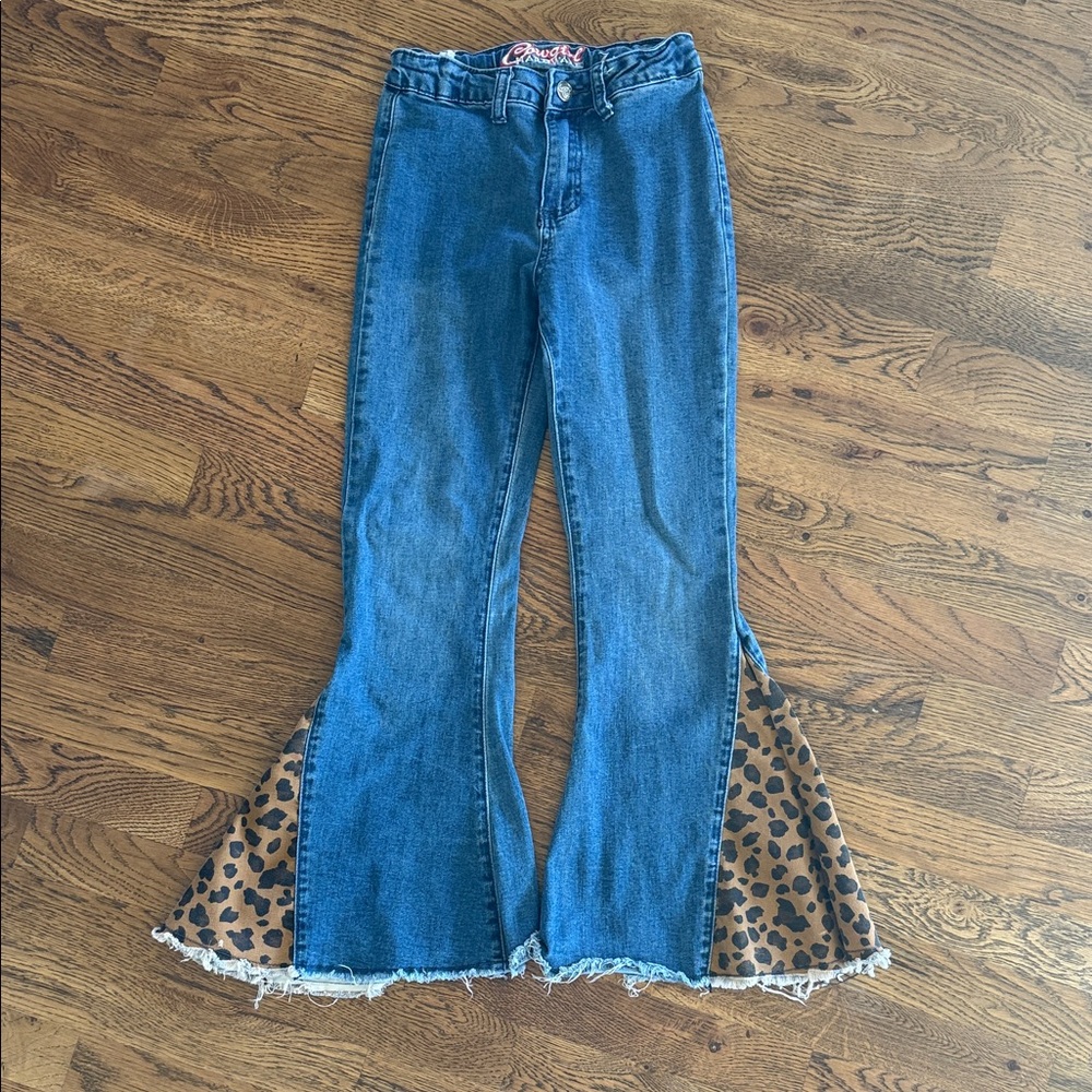 Kids Denim Jeans with Leopard Print Flare